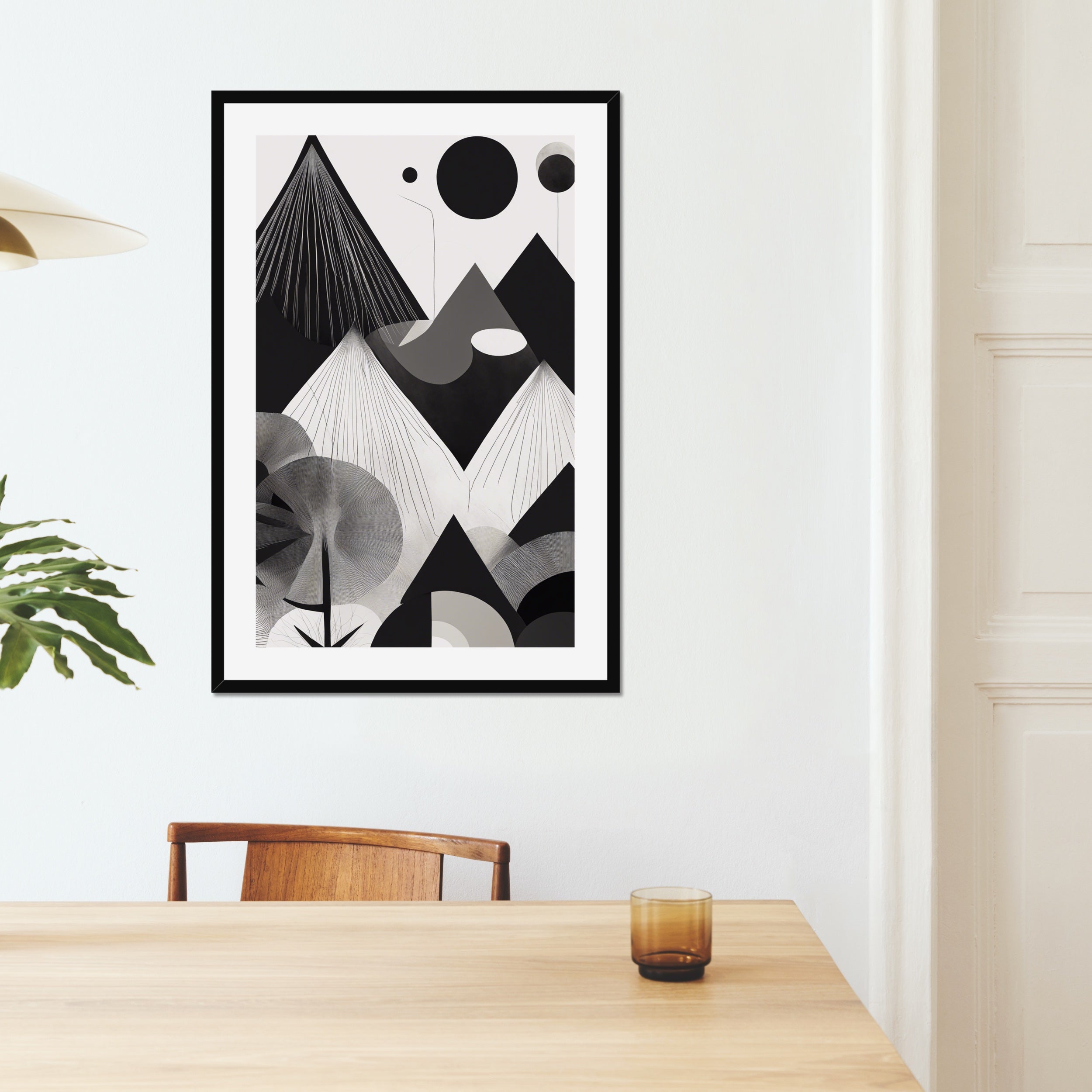 Abstract wall art in 24x36 poster framed size mounted with black frame in living room named creation