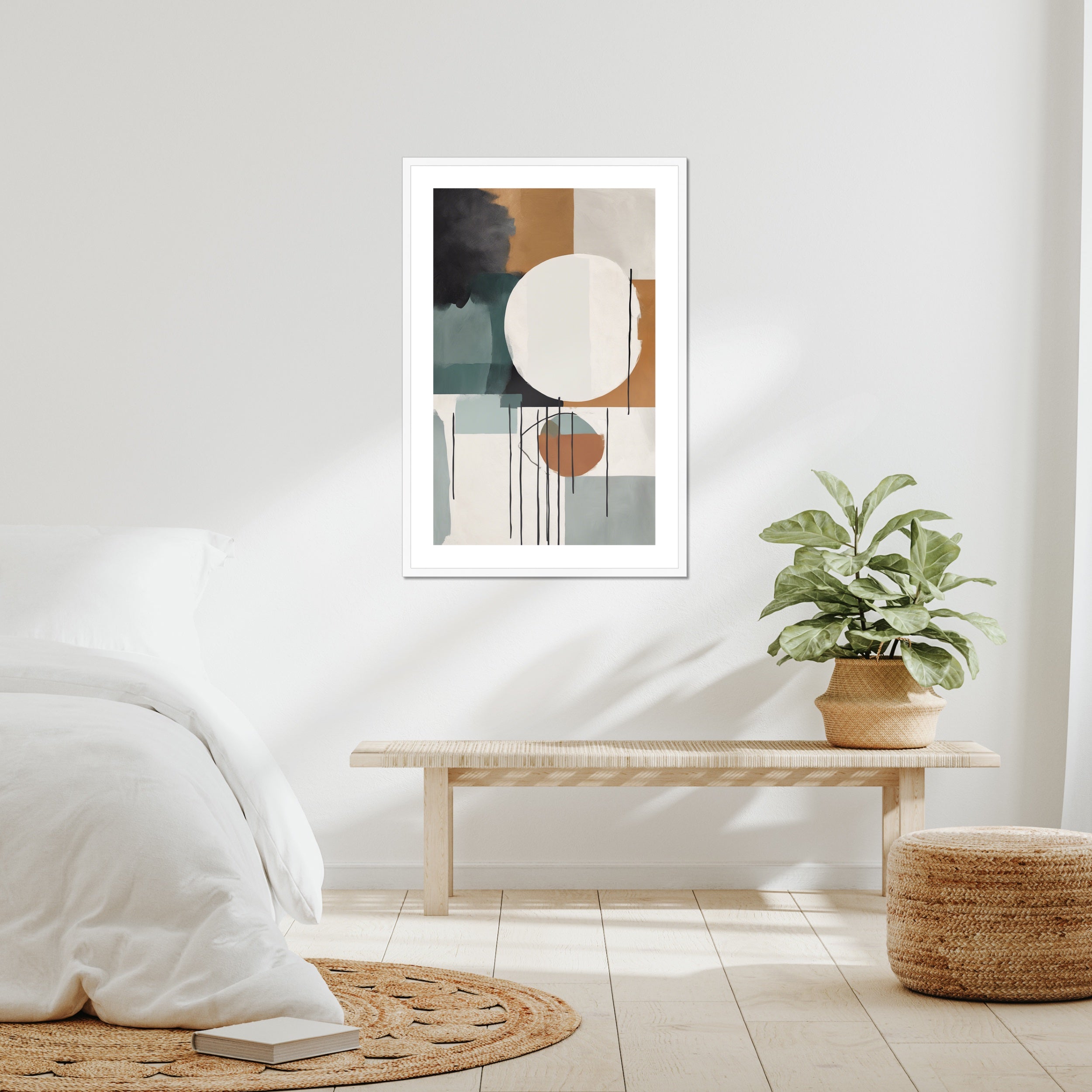 Abstract wall art in 24x36 poster framed size mounted with white frame in bedroom named cultural