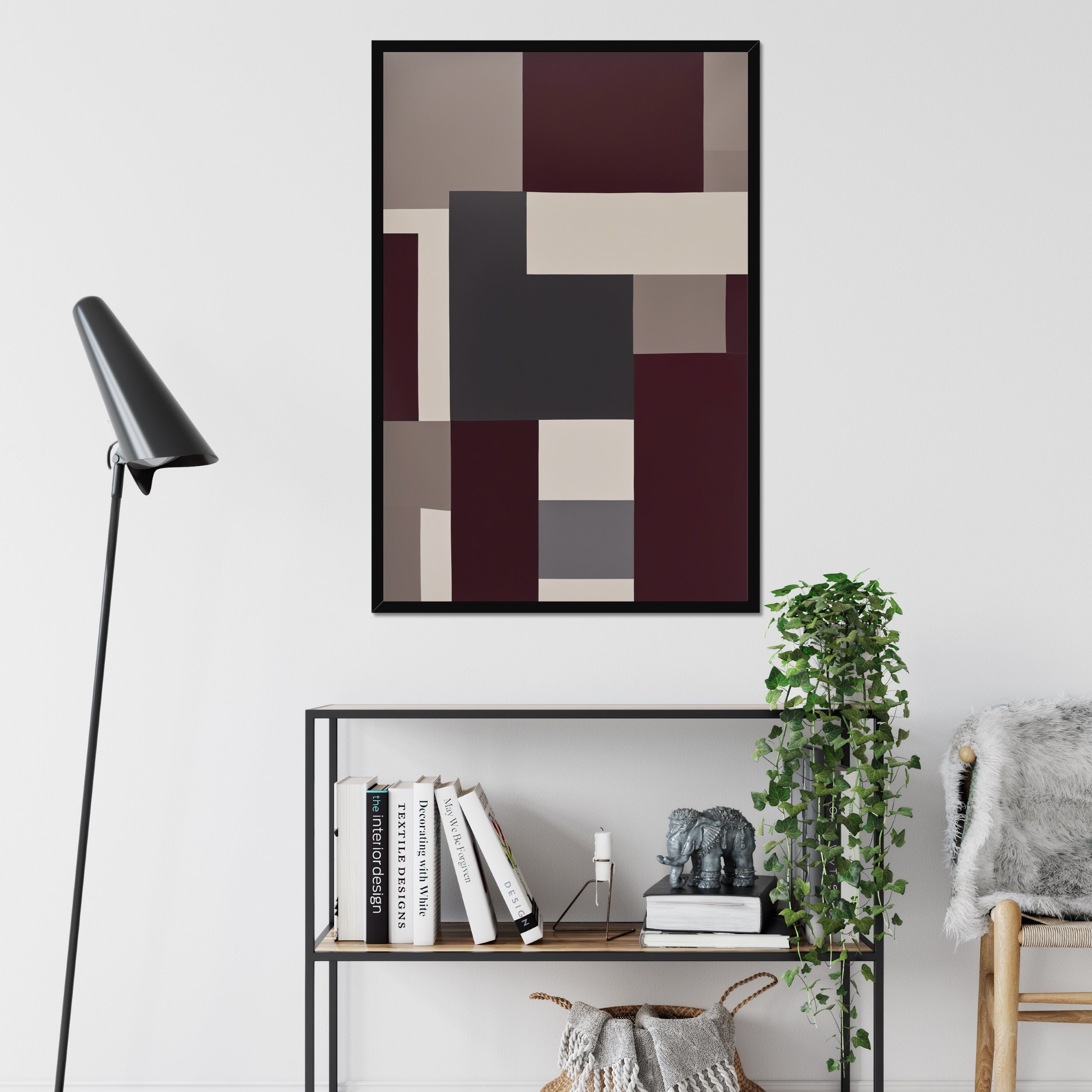 Abstract wall art in 24x36 poster framed size unmounted with black frame above console table named confluence